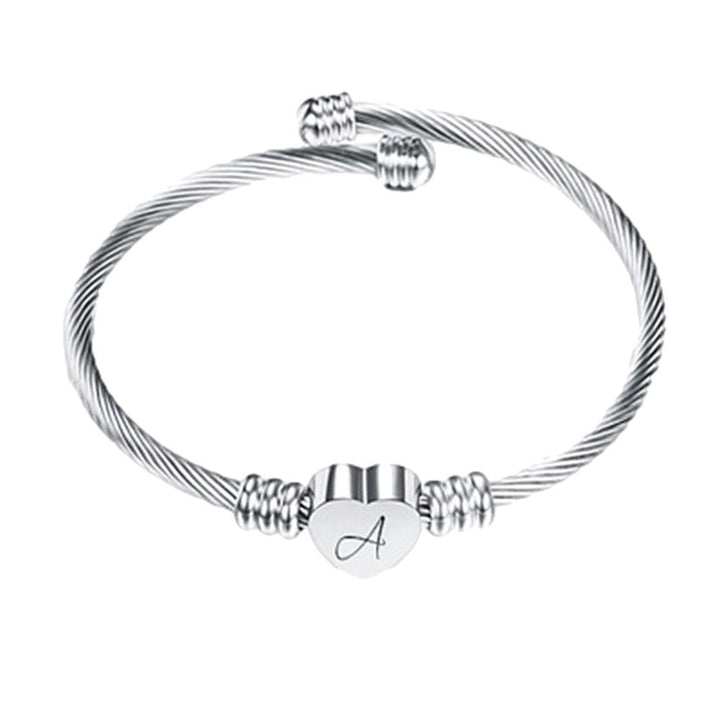 Silver Stainless Steel Heart Initial Bracelet Bangle Image 3