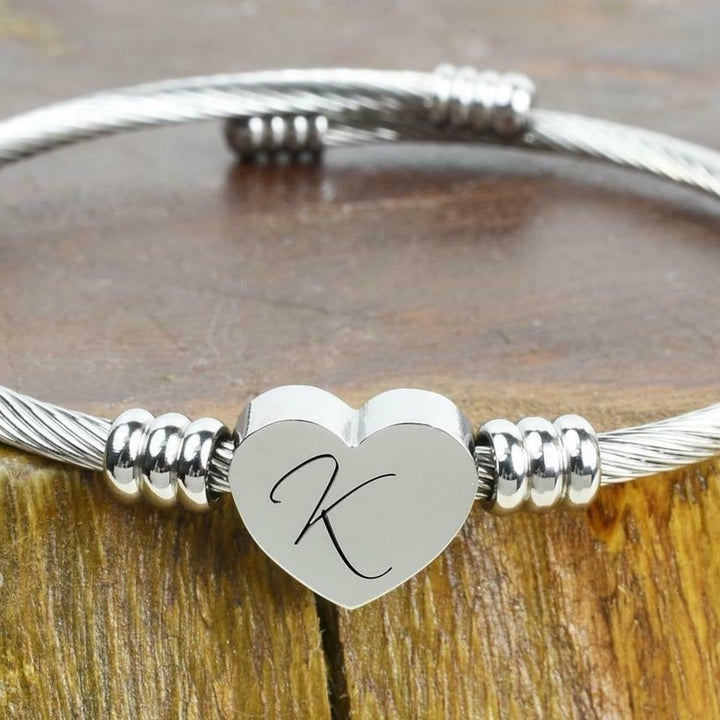 Silver Stainless Steel Heart Initial Bracelet Bangle Image 7