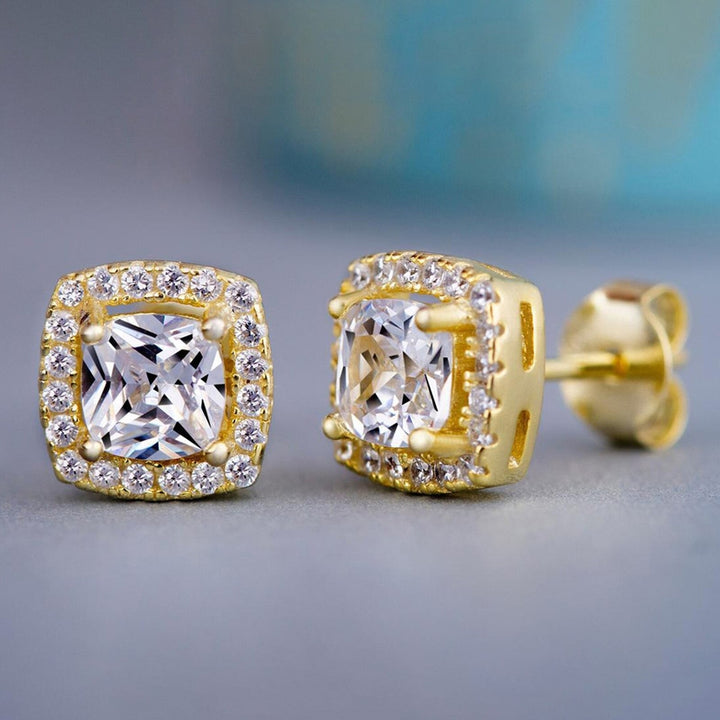 18K Gold Plated Halo Cushion Cut Cubic Zirconia Stud Earrings Image 3