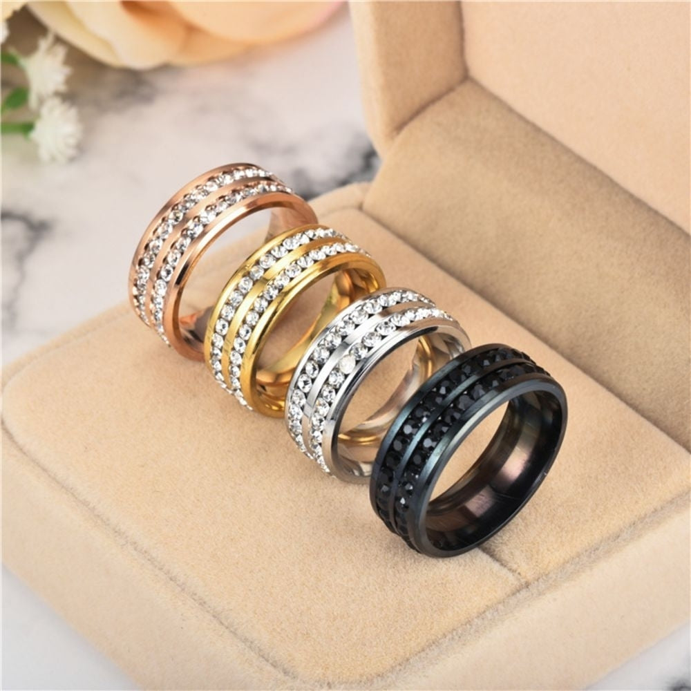 Stainless Steel Double Row Crystal Ring Image 7