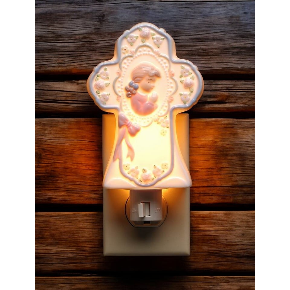 Ceramic Praying Girl Nightlight 5in Cross Plug-In Religious Gift Baptism Decor Image 1