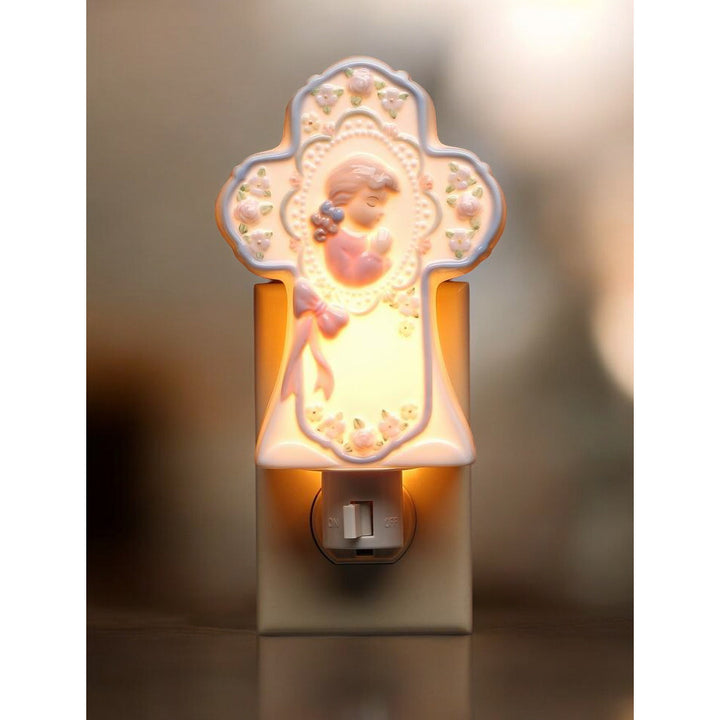 Ceramic Praying Girl Nightlight 5in Cross Plug-In Religious Gift Baptism Decor Image 2