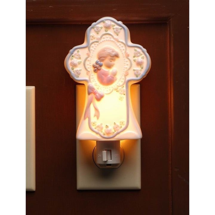 Ceramic Praying Girl Nightlight 5in Cross Plug-In Religious Gift Baptism Decor Image 3