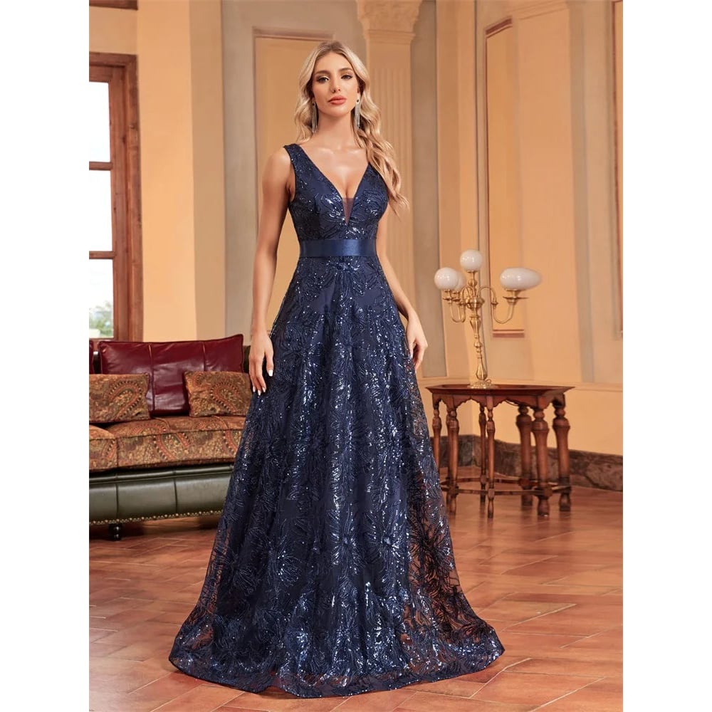 Lucyinlove Luxury Sexy Deep V-Neck Sequins Blue Evening Dress Women Elegant V-back Wedding Party Long Prom Cocktail Image 1