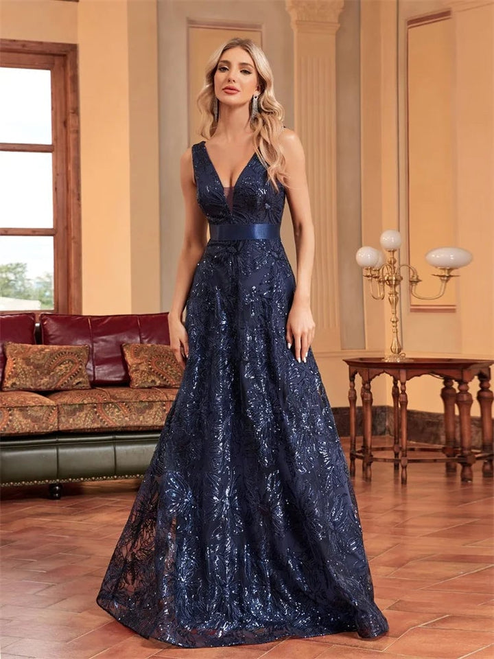 Lucyinlove Luxury Sexy Deep V-Neck Sequins Blue Evening Dress Women Elegant V-back Wedding Party Long Prom Cocktail Image 3