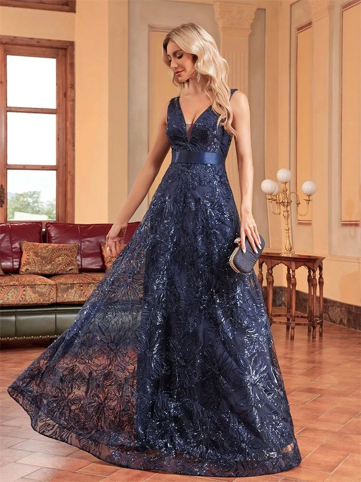 Lucyinlove Luxury Sexy Deep V-Neck Sequins Blue Evening Dress Women Elegant V-back Wedding Party Long Prom Cocktail Image 4