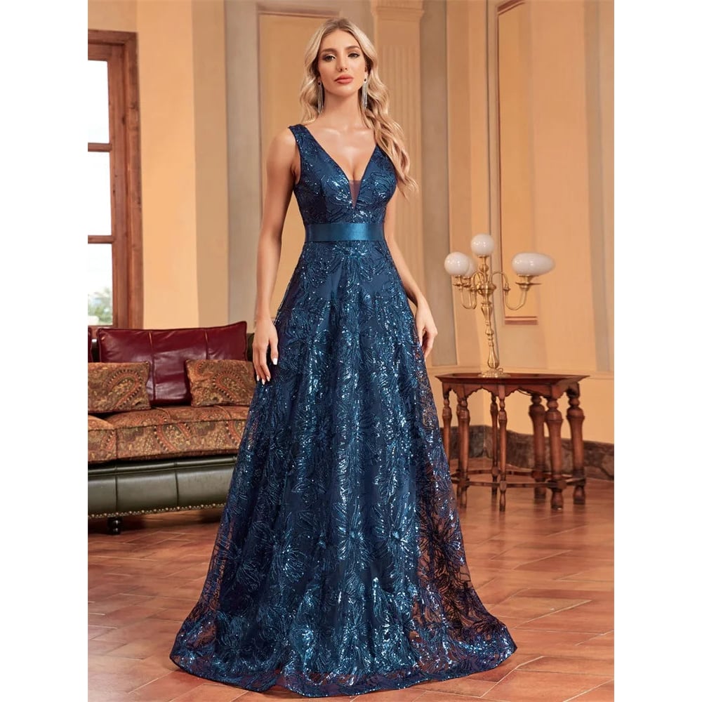 Lucyinlove Luxury Sexy Deep V-Neck Sequins Blue Evening Dress Women Elegant V-back Wedding Party Long Prom Cocktail Image 9