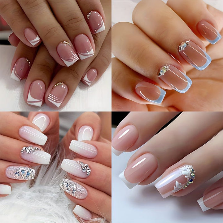 4 Sets 96 Pcs Medium Square Press On Nails Pink And White French Style Fake Nails With Rhinestone Reusable For Women Image 1