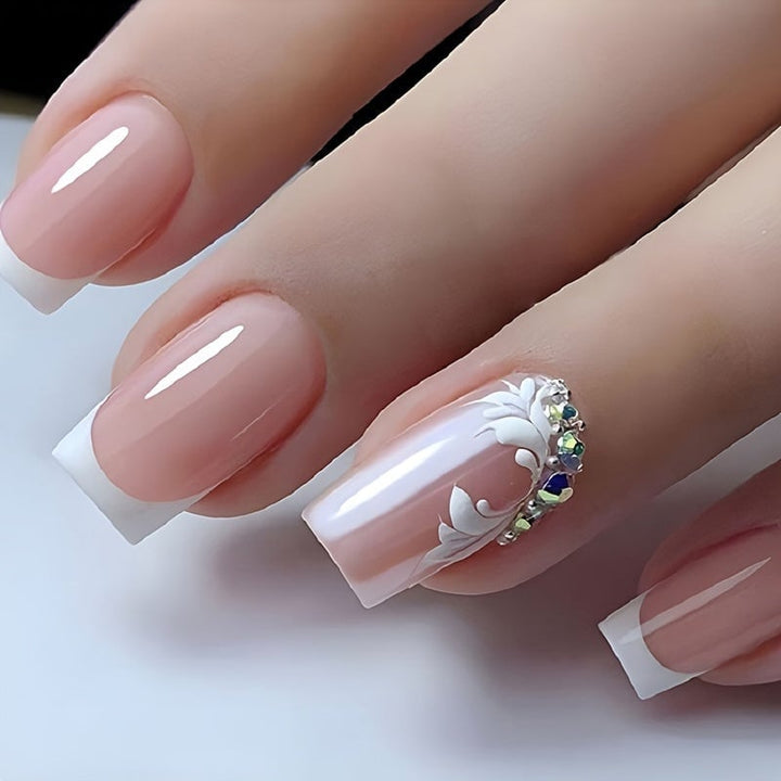 4 Sets 96 Pcs Medium Square Press On Nails Pink And White French Style Fake Nails With Rhinestone Reusable For Women Image 2