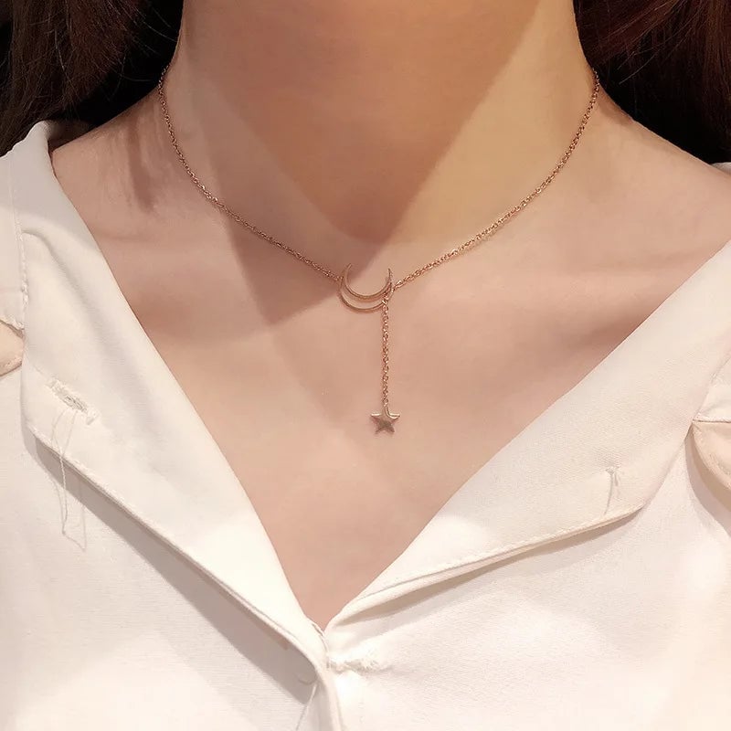 Simple Moon Star Pendant Choker Necklace Simple Gold Color Alloy Charm Chain Collares Necklace For Women Party Jewelry Image 4