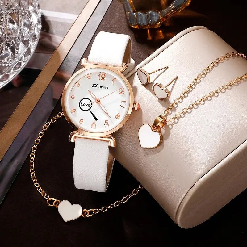 5PCS Set Luxury Watch Women Love Necklace Earrings Bracelet Set Watches Leather Band Ladies Simple Dress Quartz Image 1