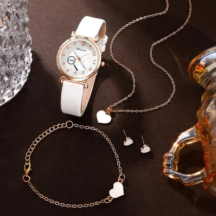 5PCS Set Luxury Watch Women Love Necklace Earrings Bracelet Set Watches Leather Band Ladies Simple Dress Quartz Image 2