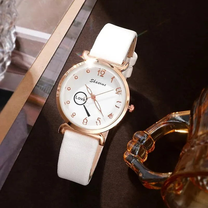 5PCS Set Luxury Watch Women Love Necklace Earrings Bracelet Set Watches Leather Band Ladies Simple Dress Quartz Image 3