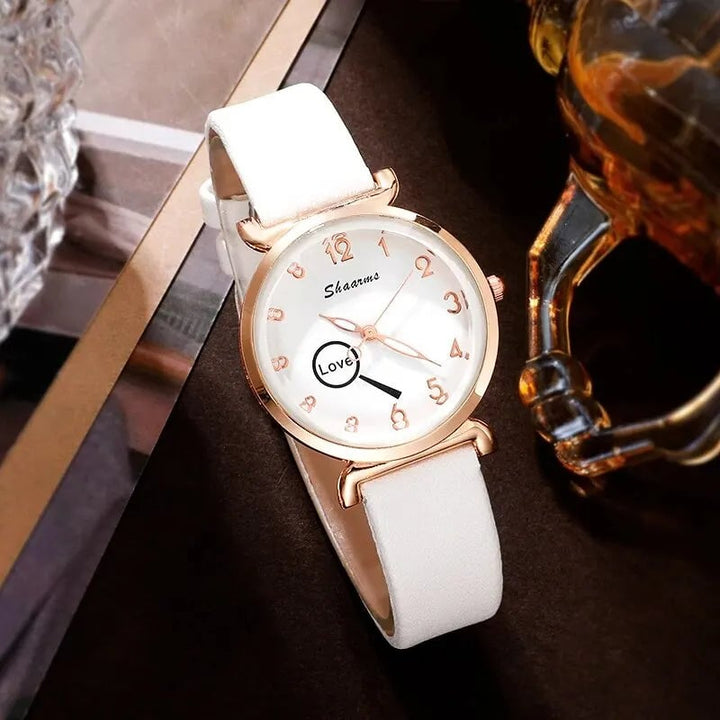 5PCS Set Luxury Watch Women Love Necklace Earrings Bracelet Set Watches Leather Band Ladies Simple Dress Quartz Image 4