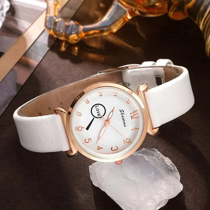 5PCS Set Luxury Watch Women Love Necklace Earrings Bracelet Set Watches Leather Band Ladies Simple Dress Quartz Image 4