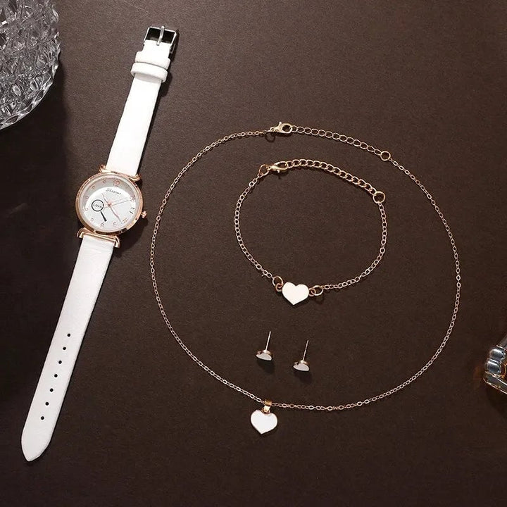 5PCS Set Luxury Watch Women Love Necklace Earrings Bracelet Set Watches Leather Band Ladies Simple Dress Quartz Image 6