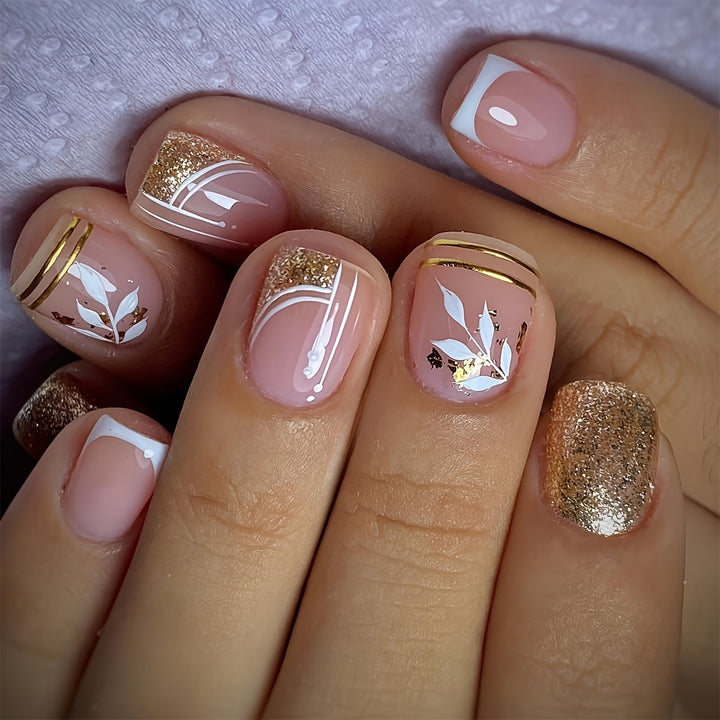 Chic Leaf and Golden Foil Glitter Press-On Nails - Short Square Easy to Apply Fake Nails for a Stunning Manicure Image 1