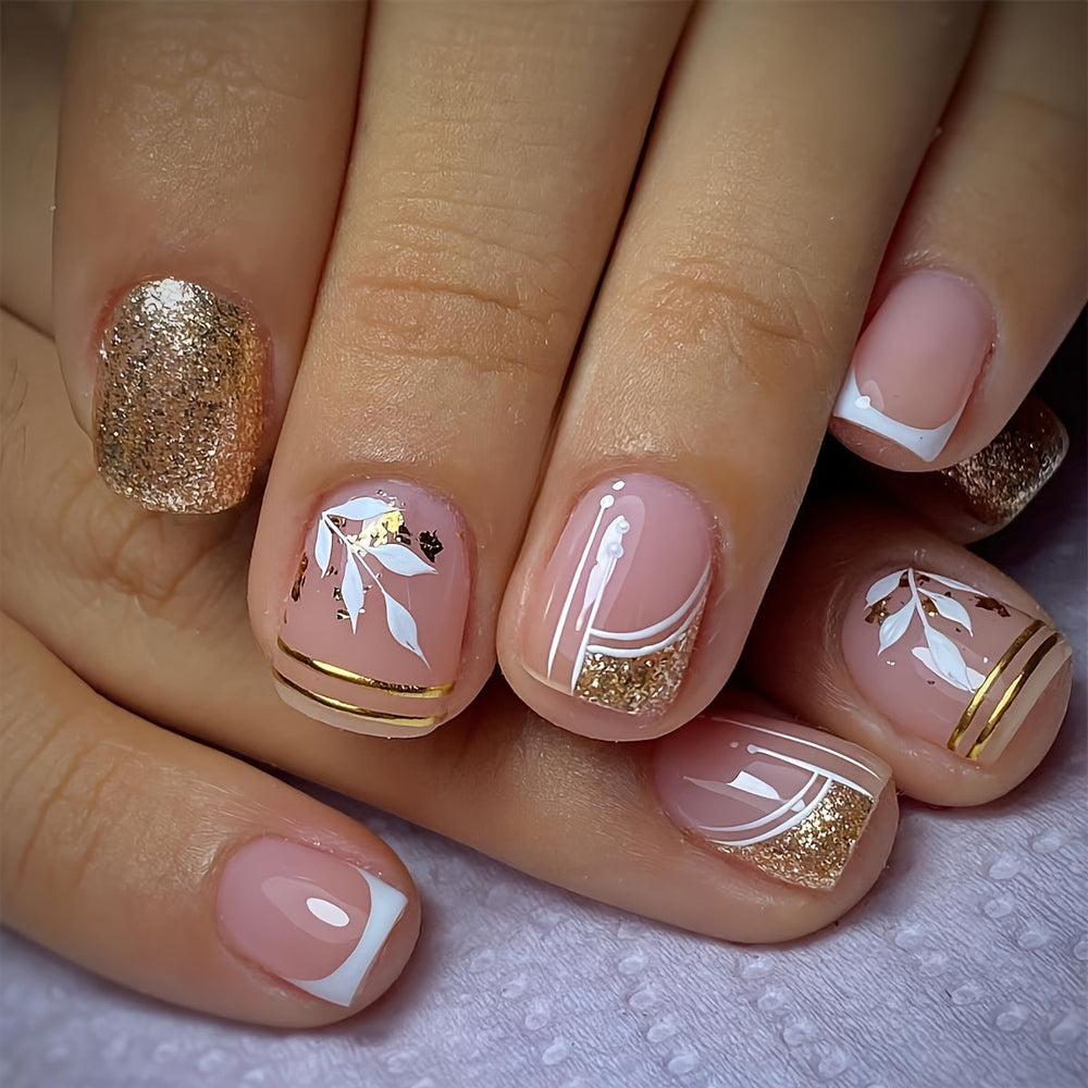 Chic Leaf and Golden Foil Glitter Press-On Nails - Short Square Easy to Apply Fake Nails for a Stunning Manicure Image 2