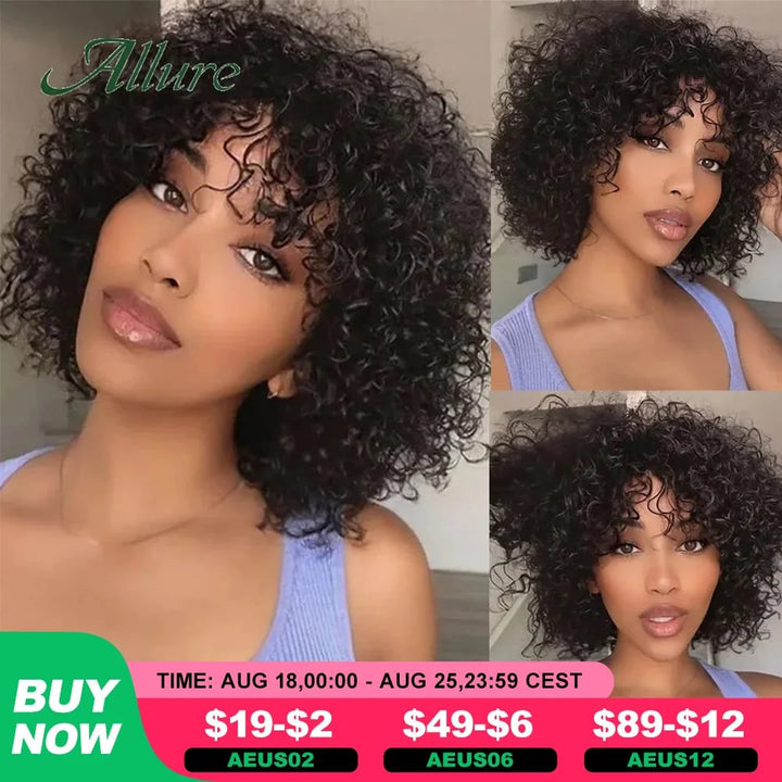 Short Pixie Afro Kinky Curly Wigs for Black Women Glueless Natural Brown Bob Wig With Bangs Jerry Curly Human Hair Wigs Image 1