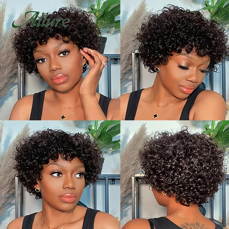 Short Pixie Afro Kinky Curly Wigs for Black Women Glueless Natural Brown Bob Wig With Bangs Jerry Curly Human Hair Wigs Image 2