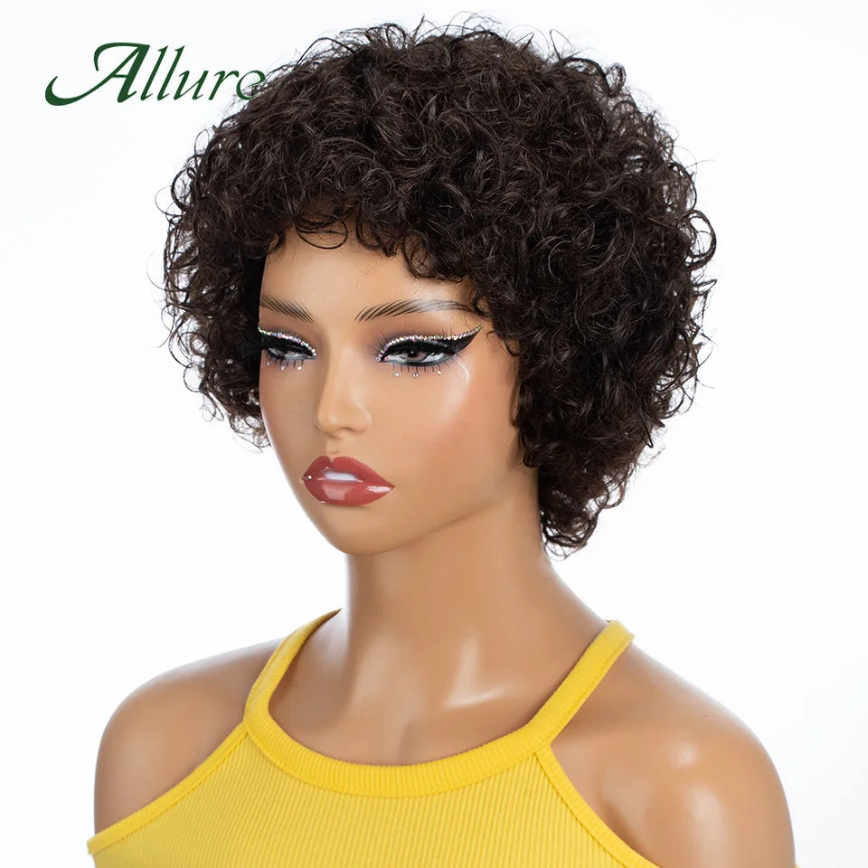 Short Pixie Afro Kinky Curly Wigs for Black Women Glueless Natural Brown Bob Wig With Bangs Jerry Curly Human Hair Wigs Image 3