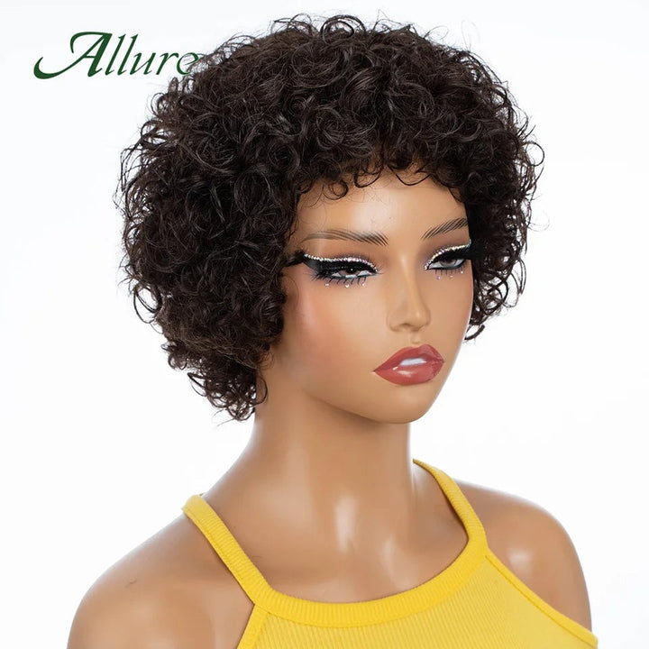 Short Pixie Afro Kinky Curly Wigs for Black Women Glueless Natural Brown Bob Wig With Bangs Jerry Curly Human Hair Wigs Image 4