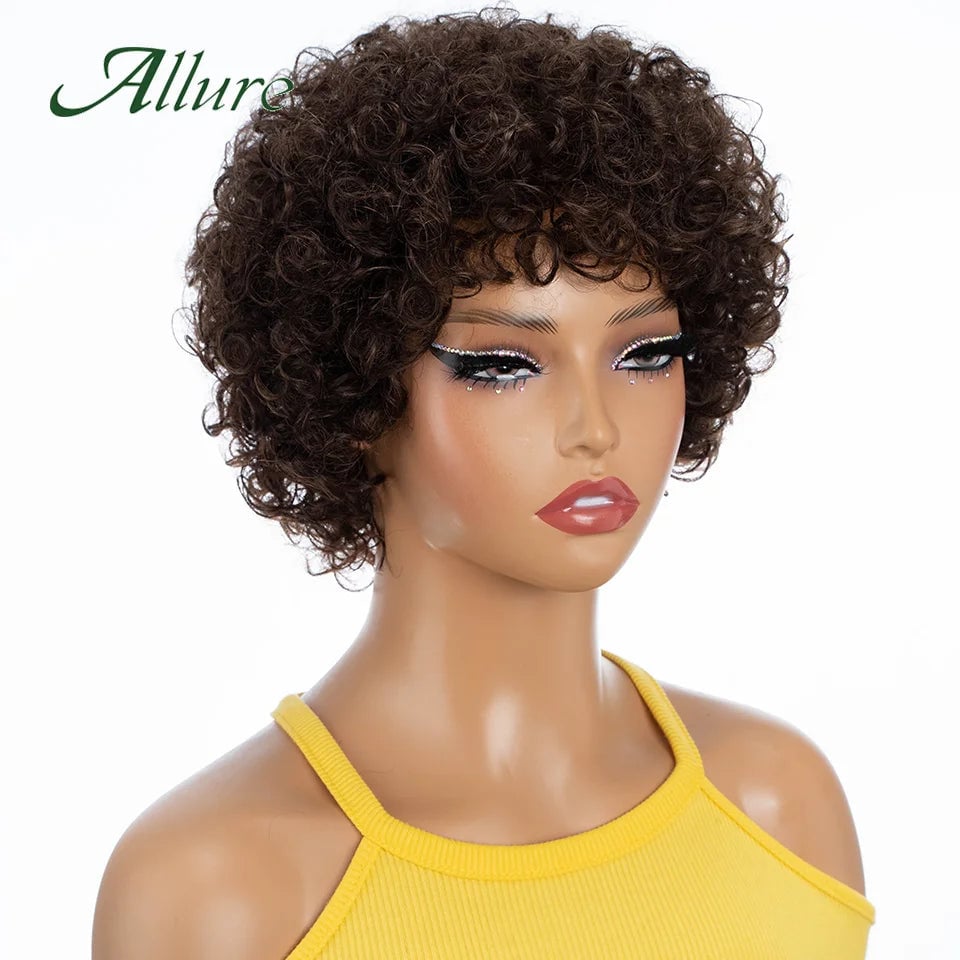 Short Pixie Afro Kinky Curly Wigs for Black Women Glueless Natural Brown Bob Wig With Bangs Jerry Curly Human Hair Wigs Image 7