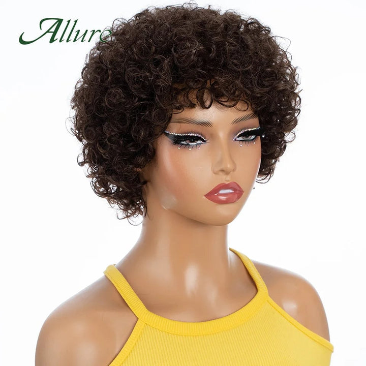 Short Pixie Afro Kinky Curly Wigs for Black Women Glueless Natural Brown Bob Wig With Bangs Jerry Curly Human Hair Wigs Image 1