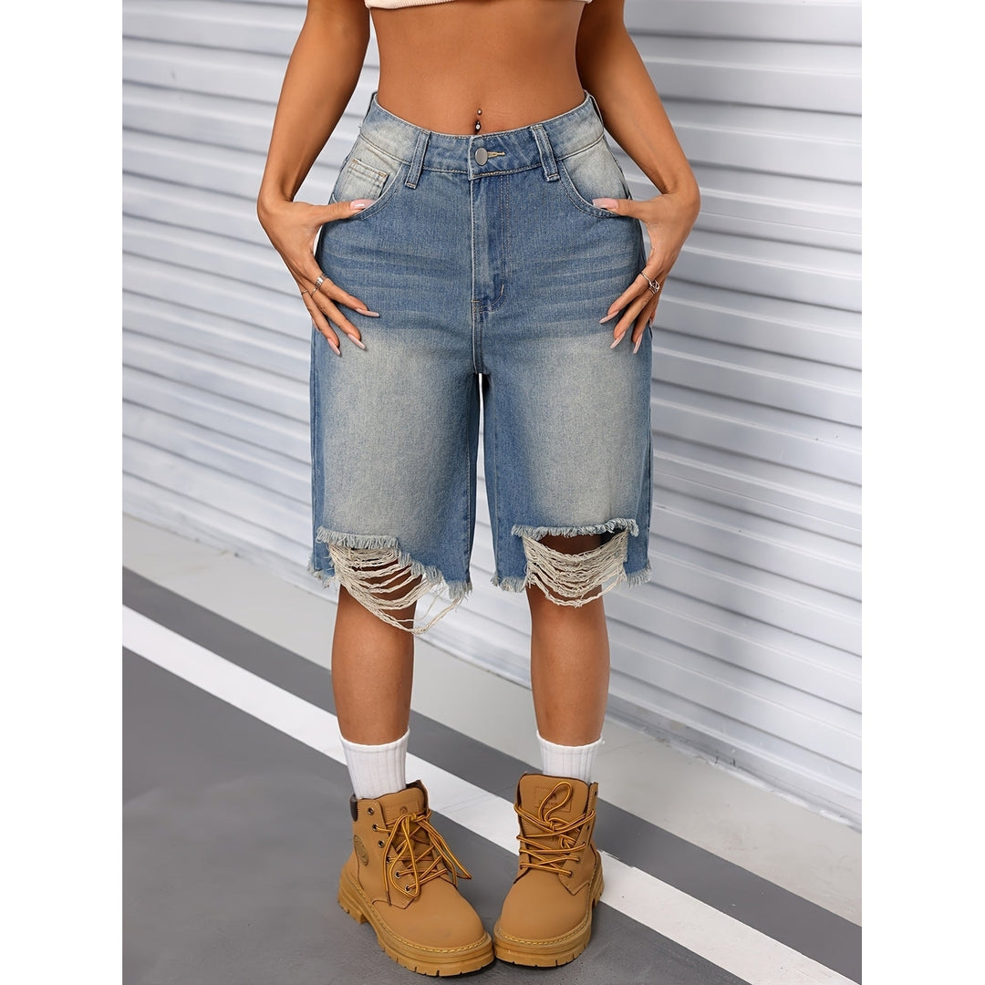 Womens Distressed Knee-Length Denim Bermuda Shorts Street Style Frayed Hem Casual Summer Wear Jorts Image 1