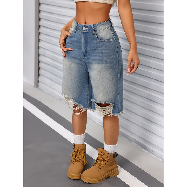 Womens Distressed Knee-Length Denim Bermuda Shorts Street Style Frayed Hem Casual Summer Wear Jorts Image 3