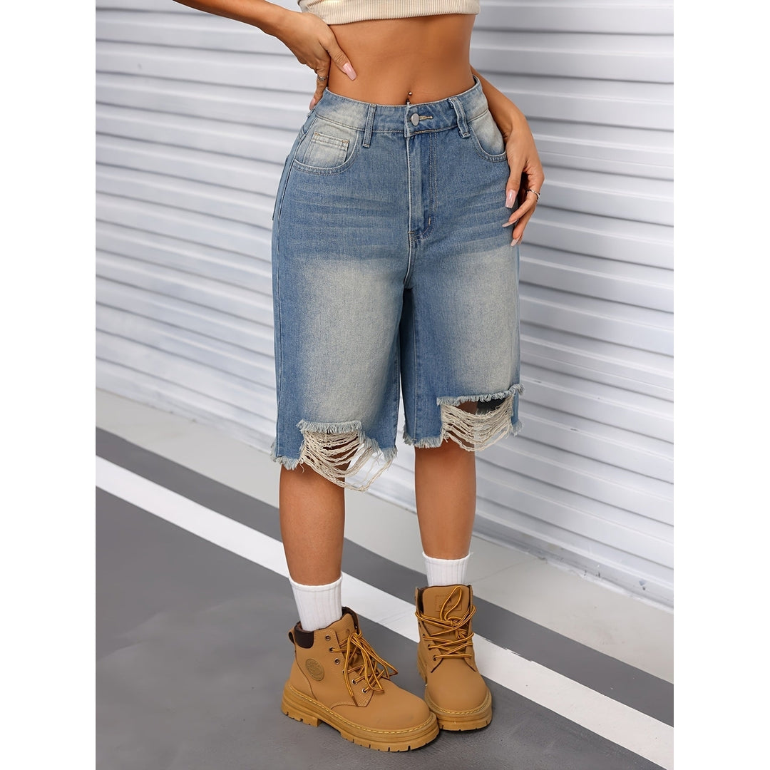 Womens Distressed Knee-Length Denim Bermuda Shorts Street Style Frayed Hem Casual Summer Wear Jorts Image 4