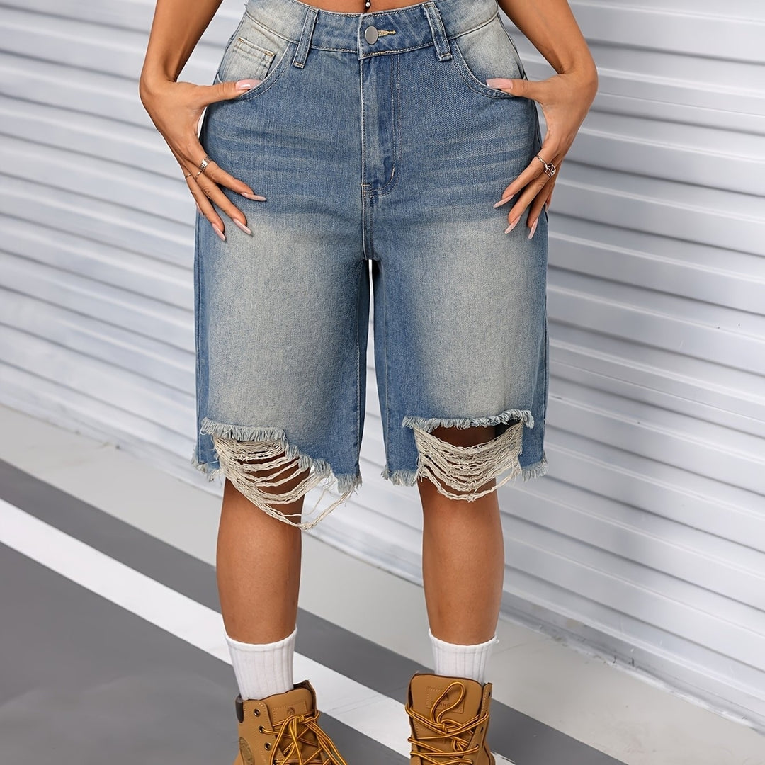 Womens Distressed Knee-Length Denim Bermuda Shorts Street Style Frayed Hem Casual Summer Wear Jorts Image 7