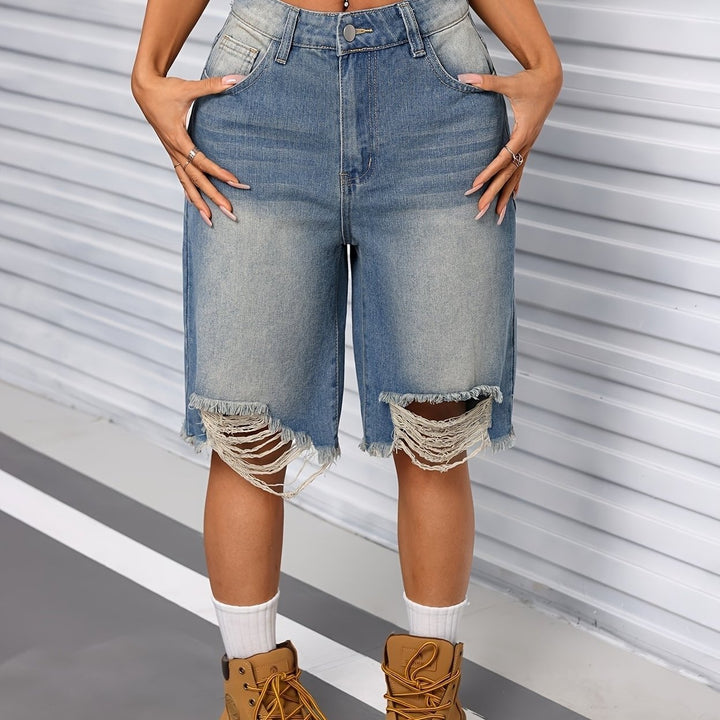 Womens Distressed Knee-Length Denim Bermuda Shorts Street Style Frayed Hem Casual Summer Wear Jorts Image 1