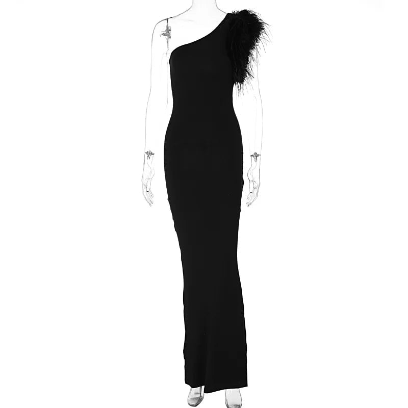 2024 One Shoulder Sexy Black Feather Evening Dress Sleeveless for Women Sexy Party Elegant Birthday Long Maxi Dress Image 6