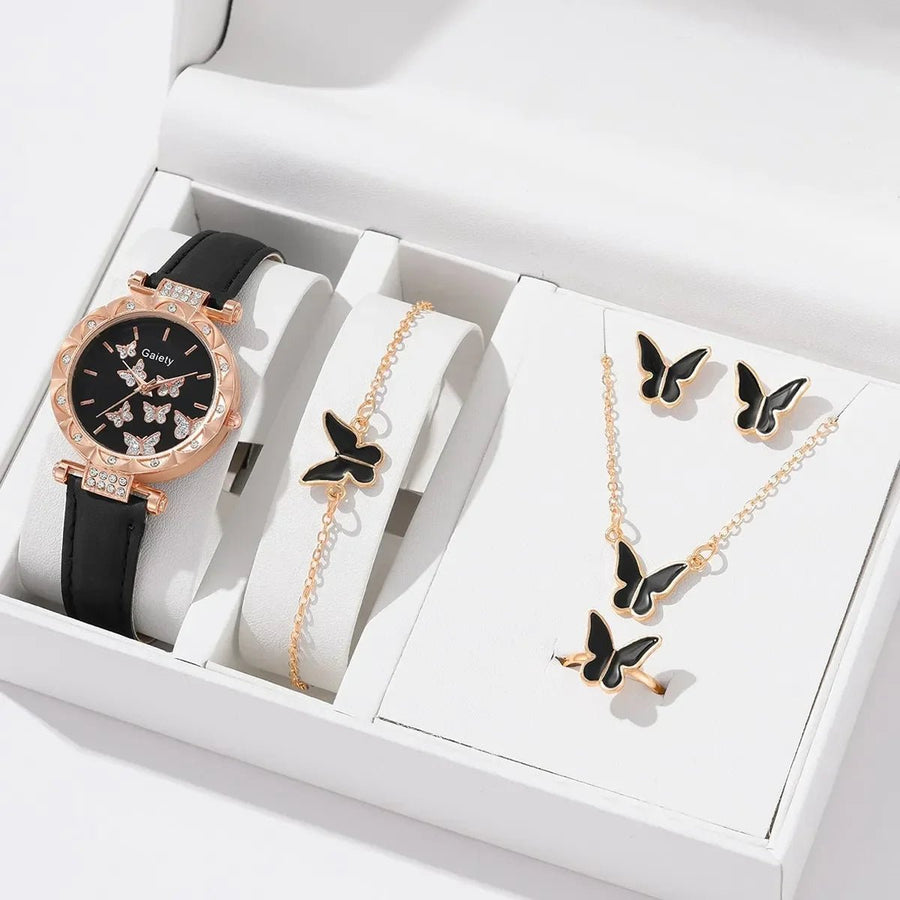 6/1pcs Set Women Watch Ring Necklace Earrings Bracelet Set Watches Butterfly Leather Strap Ladies Quartz WristWatch (No Image 1