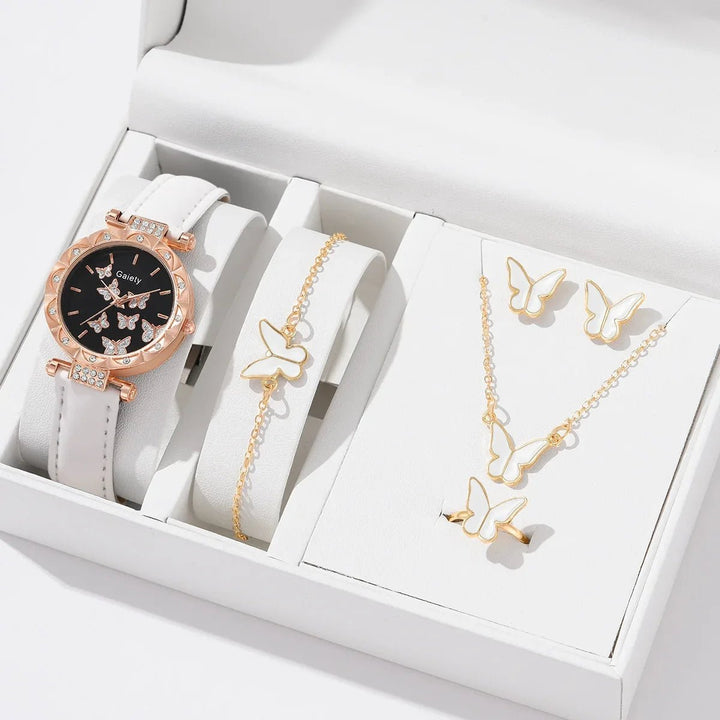 6/1pcs Set Women Watch Ring Necklace Earrings Bracelet Set Watches Butterfly Leather Strap Ladies Quartz WristWatch (No Image 2