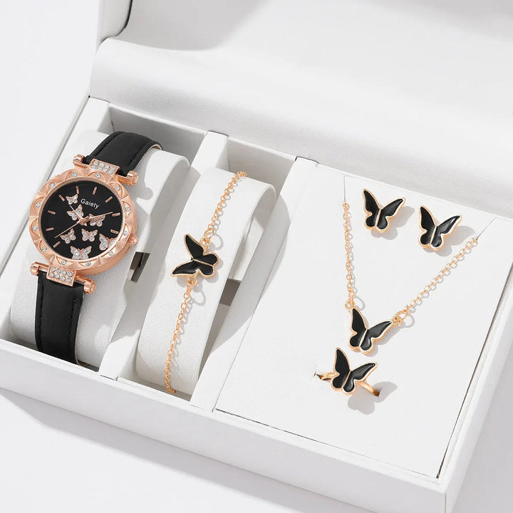 6/1pcs Set Women Watch Ring Necklace Earrings Bracelet Set Watches Butterfly Leather Strap Ladies Quartz WristWatch (No Image 3