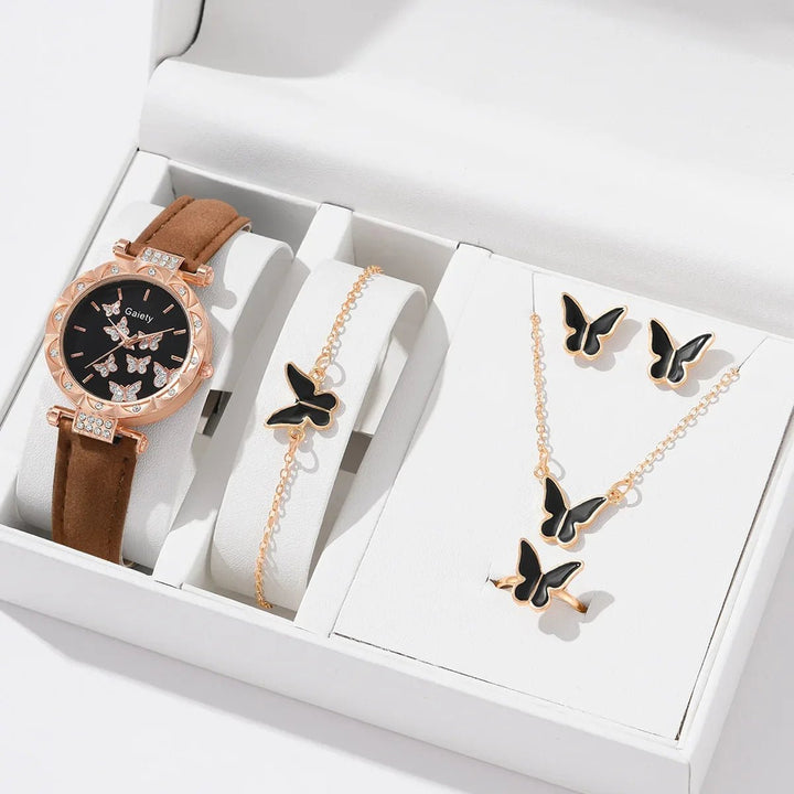 6/1pcs Set Women Watch Ring Necklace Earrings Bracelet Set Watches Butterfly Leather Strap Ladies Quartz WristWatch (No Image 4