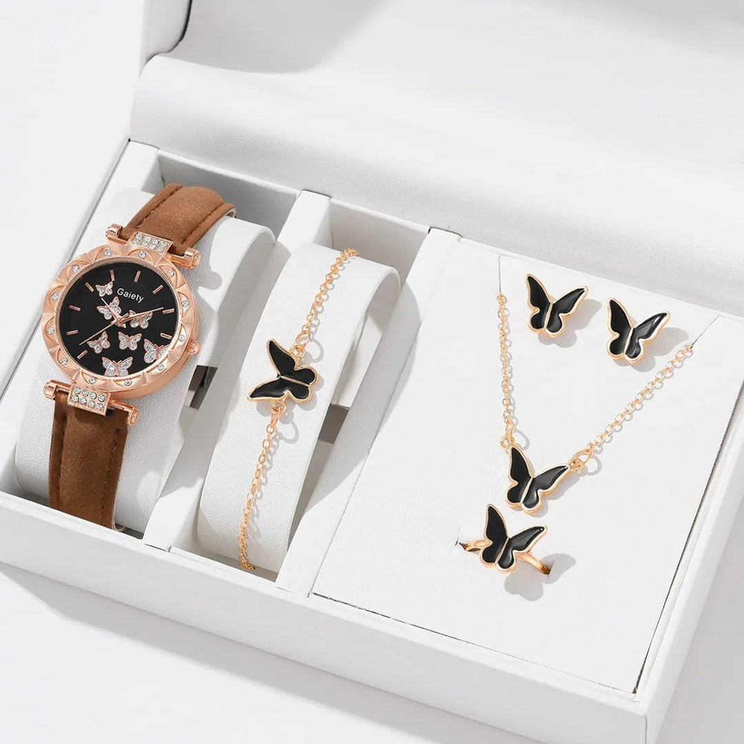 6/1pcs Set Women Watch Ring Necklace Earrings Bracelet Set Watches Butterfly Leather Strap Ladies Quartz WristWatch (No Image 1