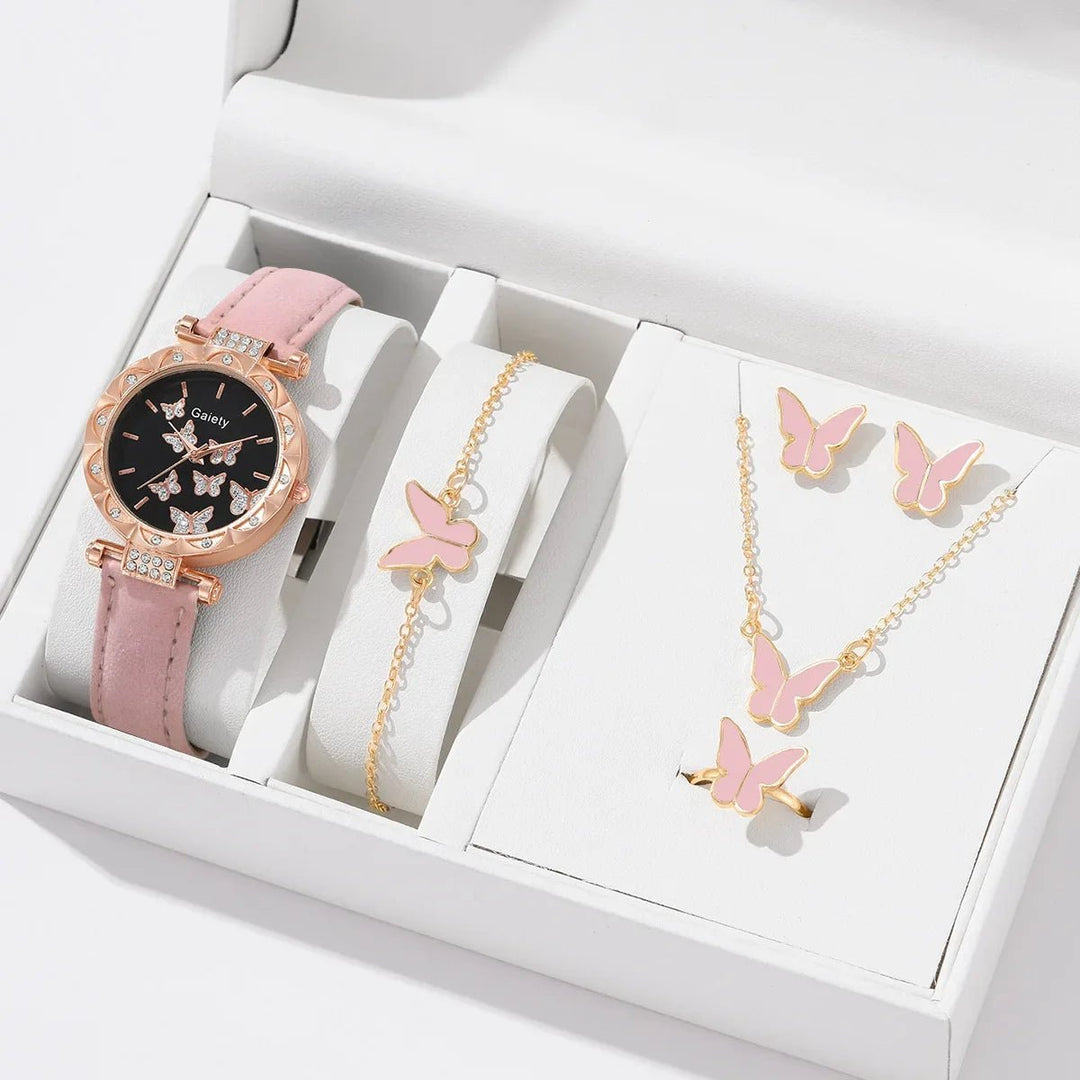 6/1pcs Set Women Watch Ring Necklace Earrings Bracelet Set Watches Butterfly Leather Strap Ladies Quartz WristWatch (No Image 4