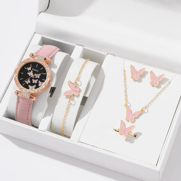 6/1pcs Set Women Watch Ring Necklace Earrings Bracelet Set Watches Butterfly Leather Strap Ladies Quartz WristWatch (No Image 1