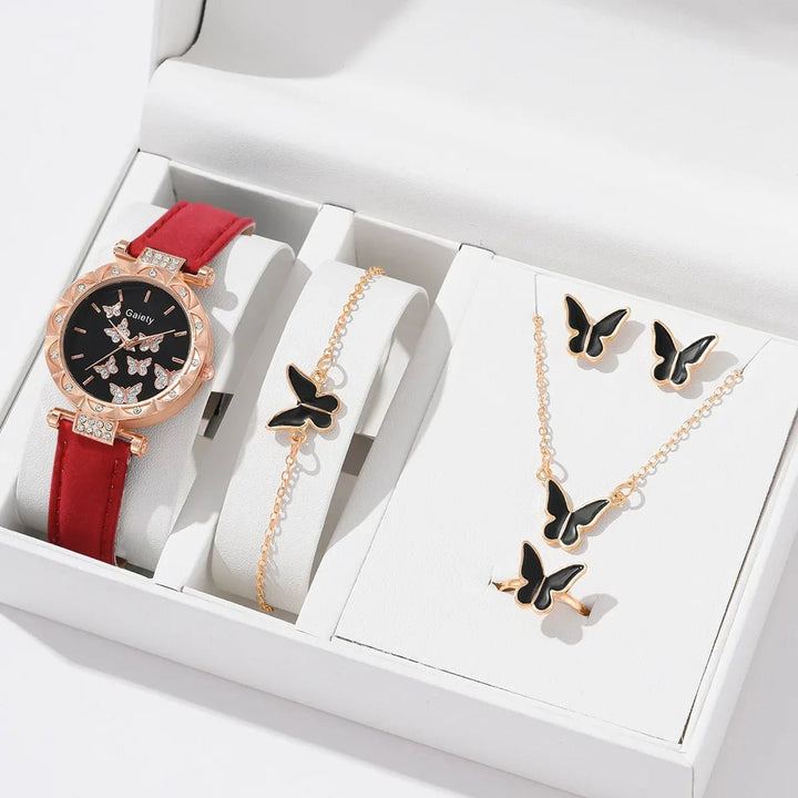 6/1pcs Set Women Watch Ring Necklace Earrings Bracelet Set Watches Butterfly Leather Strap Ladies Quartz WristWatch (No Image 6