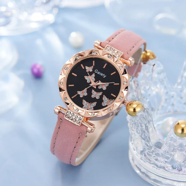 6/1pcs Set Women Watch Ring Necklace Earrings Bracelet Set Watches Butterfly Leather Strap Ladies Quartz WristWatch (No Image 7