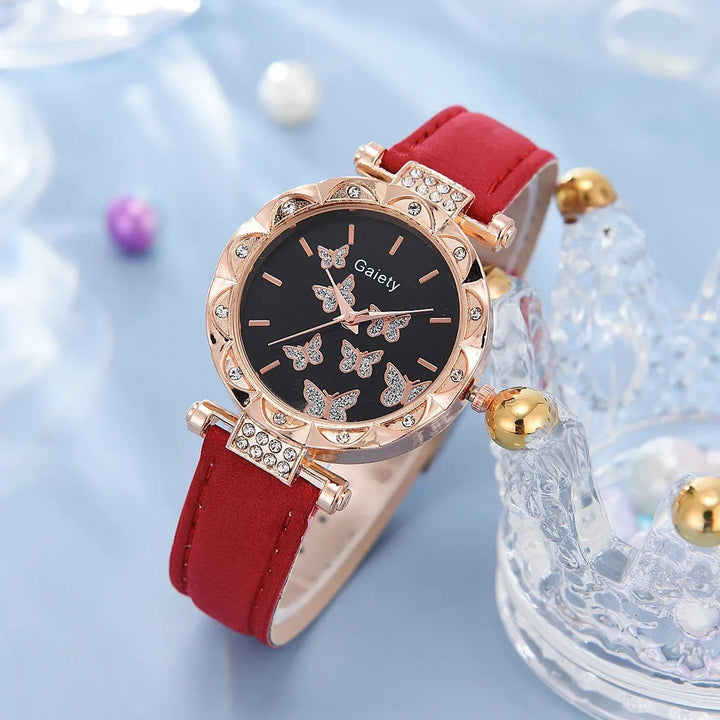 6/1pcs Set Women Watch Ring Necklace Earrings Bracelet Set Watches Butterfly Leather Strap Ladies Quartz WristWatch (No Image 8