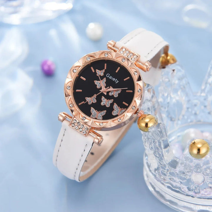 6/1pcs Set Women Watch Ring Necklace Earrings Bracelet Set Watches Butterfly Leather Strap Ladies Quartz WristWatch (No Image 9