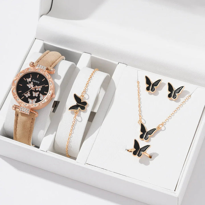 6/1pcs Set Women Watch Ring Necklace Earrings Bracelet Set Watches Butterfly Leather Strap Ladies Quartz WristWatch (No Image 10