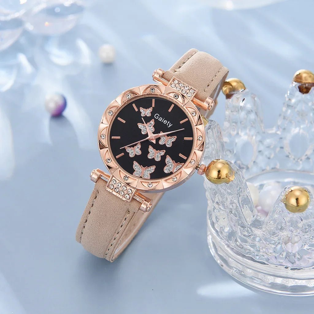 6/1pcs Set Women Watch Ring Necklace Earrings Bracelet Set Watches Butterfly Leather Strap Ladies Quartz WristWatch (No Image 11