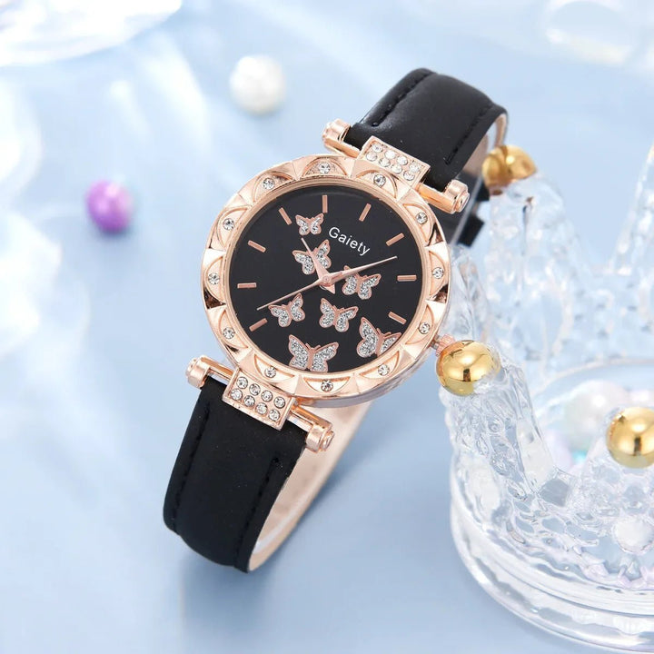 6/1pcs Set Women Watch Ring Necklace Earrings Bracelet Set Watches Butterfly Leather Strap Ladies Quartz WristWatch (No Image 12