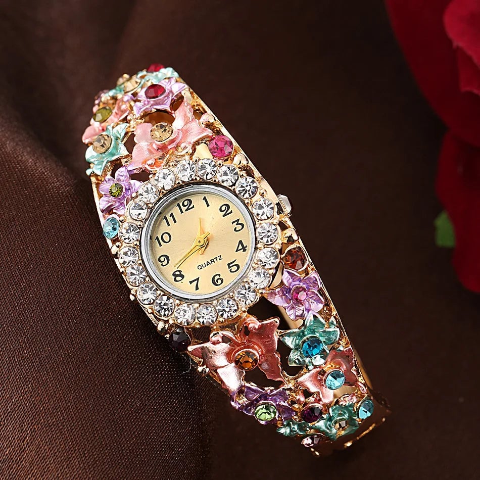 Fashion Flower Womens Bangle Watches Luxury Stainless Steel Rhinestone Quartz Watch Women Vintage Elegant Ladies Image 11