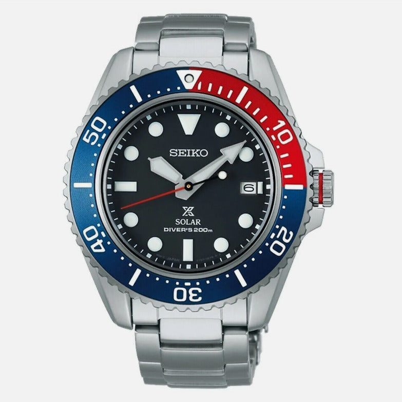 Seiko Men s Solar Diver Black Dial Pepsi Steel Bracelet Watch SNE591 Image 1